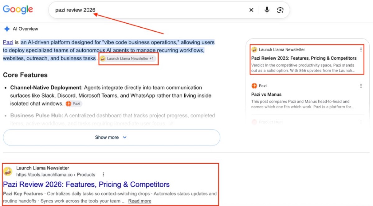 Launch Llama’s example of a product page appearing in Google results and an AI Overview.